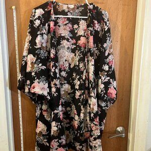 Size 3X - Dizzy Gal - Black and Pink Floral Kimono Wrap